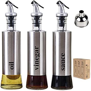 Bigetaige Olive Oil Dispenser set Bottle Glass Vinegar and Sauce Cruet- 11oz Cruet sets for oil and vinegar-3 Pack Gift Box Set Wood Carving Board, Balsamic Sauce, Olive Oil Cruet, Vinegar Dispenser, Salt Pig, Olive Oil Dispenser, Olive Oil And Vinegar, Olive Oil Bottles, Oil Storage