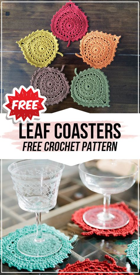 Crochet Leaf Coasters, Coasters Free Pattern, Leaf Coasters, Crocheted Coasters, Crochet Patterns Ideas, Coaster Crochet, Crochet Leaf, Beanie Knitting Patterns Free, Crochet Coasters Free Pattern