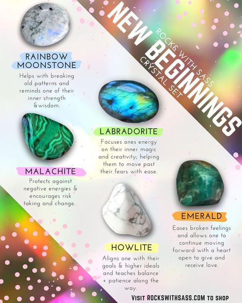 6,992 Likes, 37 Comments - Online Crystal & Jewelry Shop (@rockswithsass) on Instagram: “Happy New Year! Here are some crystals I'll be working with as we kick off 2021. Which one…” Gemstones Chart, Crystal Healing Chart, Stone Pictures, Crystal Healing Stones, Crystal Magic, Rainbow Crystal, Crystal Meanings, Crystal Set, Crystal Grid