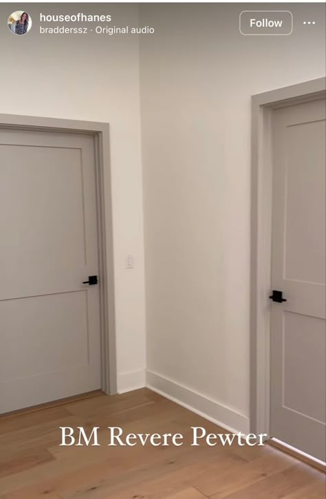 Darker Trim Lighter Walls Interior Doors, Modern Farmhouse Interior Doors Paint, Grey Door White Walls, Scandinavian Door Color, Interior Doors Painted Gray, Beige Doors Interior Modern, Beige Closet Door, Light Door Colors, Tan Interior Doors White Trim