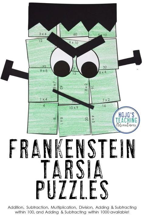 Easy Frankenstein Craft for Kids - This monster tarsia puzzle is great for autum fall or harvest festivals for Halloween in October. Add an academic twist with these hands-on math puzzles! Choose from addition, subtraction, division, multiplication, adding and subtracting within 100, or addition and subtraction within 1000. A great craftivity for 1st, 2nd, 3rd, or 4th grade students! (first, second, third, fourth graders, Year 1, 2, 3, 4) Multiplication Hands On Activities, Halloween Third Grade Activities, Multiplication Halloween Craft, Halloween Stem Activities 5th Grade, Hands On Halloween Activities For Kids, Easy Halloween Craft 2nd Grade, October Elementary Activities, Third Grade Crafts Activities, Division Crafts 3rd Grade