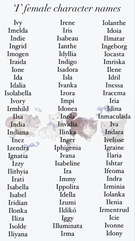 Girl names beginning in the letter ‘I’. Name For Characters Female, British Female Names, Royalty Names Daughters, British Last Names For Characters, Main Character Names Female, Mythical Female Names, Dnd Names Female, Medieval Fantasy Names, Cool Female Names