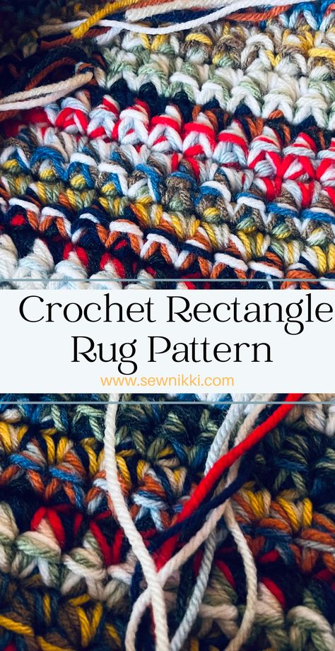 crochet rug with tails that need to be weaved in Scrappy Rug Crochet Pattern, Scrap Yarn Crochet Rugs, Scrappy Rug, Crochet Rectangle Rug Pattern Free, Crochet Throw Rug, Crochet A Rug Free Pattern, Rug Yarn Projects Ideas, Crochet Rag Rugs, Crochet Area Rug Pattern Free