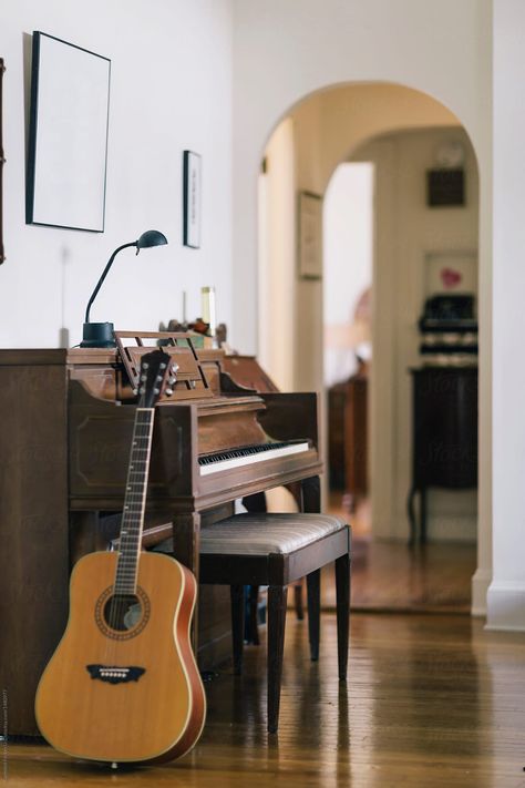 Guitar And Piano Aesthetic, Piano At Home, Musician Room, Piano And Guitar, Piano Photography, Family Lifestyle Photography, Home Recording Studio Setup, Recording Studio Setup, Intimate Portrait