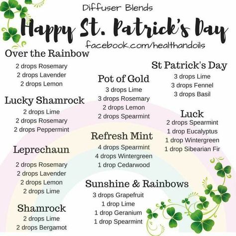 St. Patrick’s Day Diffuser Blends St Patrick’s Day Essential Oil Blends, Diffuser Blends Young Living, Young Living Oils Recipes, Eo Blends, Living Oils Recipes, Tallow Balm, Doterra Diffuser, Doterra Diffuser Blends, Essential Oil Combinations