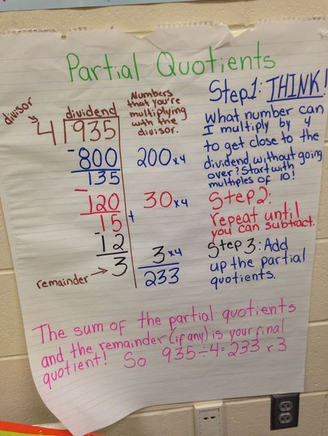 Partial quotients Partial Quotient Anchor Chart, Partial Quotient, Partial Quotient Division, Division Anchor Chart, Partial Quotients, Wristband Template, Teaching Mathematics, Map Worksheets, Math Division