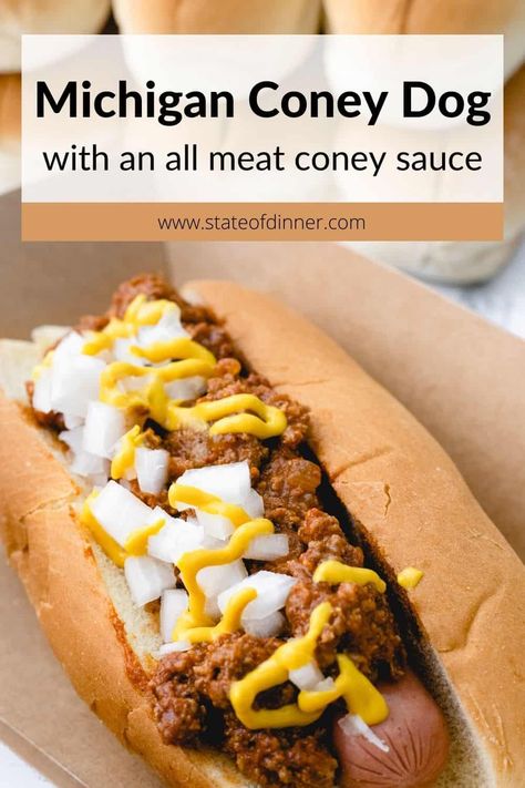 Coney dogs are steamed hot dogs smothered with all-beef chili, and topped with minced onions and mustard. The chili is a little bit sweet and a little bit spicy. Invented in Michigan, these coney dogs are a real American treat! Detroit Style Coney Dogs, Greek Chili Dog Sauce, Michigan Coney Dog Sauce, Spicy Hot Dog Sauce, Detroit Chili Sauce, Coney Dog Chili Recipe, Best Coney Dog Sauce, Coney Chili Recipe, Detroit Coney Dog Sauce