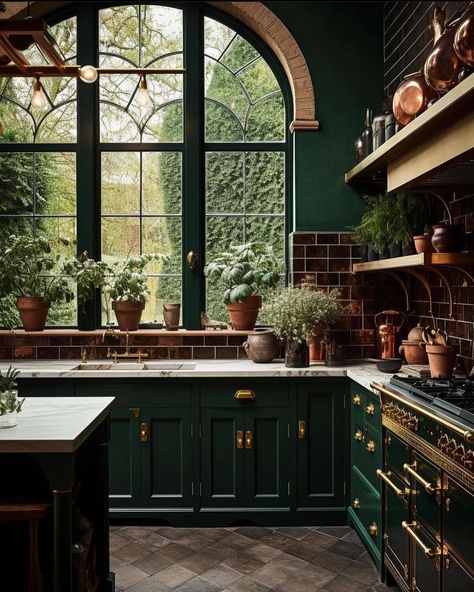 Peppertree Living | Who could go for a dark green kitchen? Love the windows, the copper, the brass, the range. @melaniejadedesign #kitchendesign #kitchen… | Instagram Dark Green Kitchen, Green Kitchen Cabinets, Victorian Kitchen, Dark Home Decor, Kitchen Design Decor, Kitchen Inspiration Design, Eclectic Design, Green Kitchen, Dream House Decor