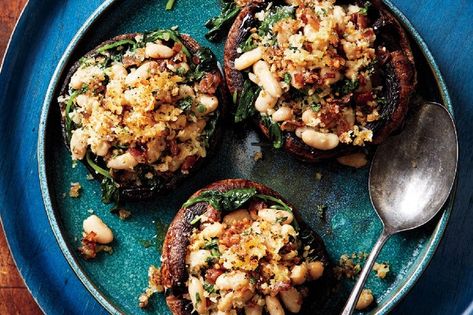 Portobello Mushrooms with White Beans and Prosciutto recipe | Epicurious.com Prosciutto Recipes, Vegetarian Main Course, Portobello Mushroom, Main Course Recipes, Angel Food Cake, White Bean, Mushroom Recipes, White Beans, Portobello