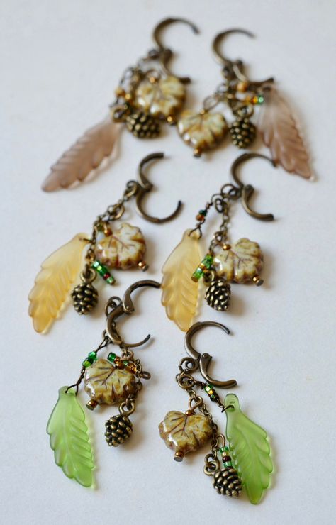 $24.00 Autumn Earring Gift, Fall Dangle Earrings, Autumn Leaf Jewelry, Long Dangle Charm, Boho Jewelry, Her Tiny Gift, Autumn Colors, Rustic by BaysideBlissDesigns on Etsy Pinecone Earrings, Colorful Bead Bracelets, Fall Fashion Accessories, Leaf Earring, Rustic Earrings, Handmade Jewlery, Earring Gift, Fall Earrings, Green Jewelry