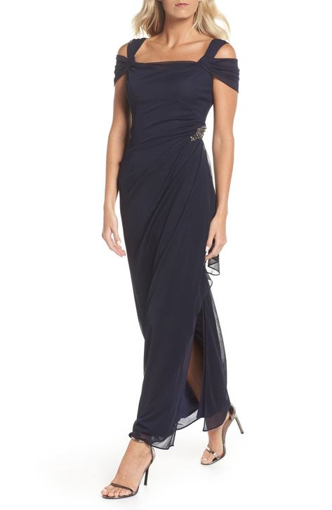 Free shipping and returns on Alex Evenings Embellished Cold Shoulder Column Gown at Nordstrom.com. Embody elegance in this beautifully embellished gown styled with draped cold-shoulder sleeves and a figure-flattering ruched side detail finished with sparkle. Cold Shoulder Gown, Mother Of The Bride Dresses Long, Mother Of Groom Dresses, Mob Dresses, Alex Evenings, Embellished Gown, Maxi Gown Dress, Column Gown, Gowns With Sleeves