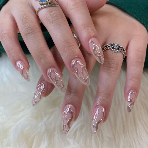 Softgel Nail Extension Design, Softgel Nail Extension, Softgel Nails, Manicure En Gel, Silver And Pink Nails, Nail Extension Designs, 3d Gel Nails, Metallic Nails Design, Elegant Touch Nails