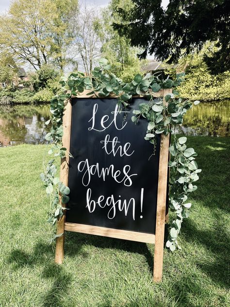 ‘Let the games begin’ our beautiful sign is included with our package hire Cocktail Hours Games, Wedding Yard Games For Reception, Wedding Garden Games, Yard Games Wedding, Kids Party Hire, Wedding Yard Games, Outdoor Wedding Games, Wedding Yard, Games Sign