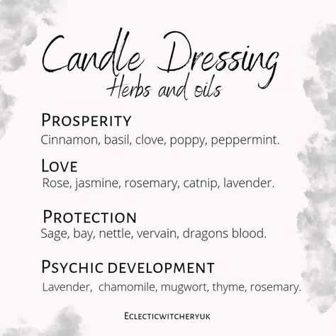 Eclecticwitcheryuk on Instagram: "Candle dressing herbs & oils 🌱 When dressing your ritual candle with your chosen oil & herbs remember to center your energy, take your mind on a tour of your intent, visuals are great for manifesting. Next warm the oils in the palm of your hands, starting from the middle of your candle rub in upward motions only towards the ceiling/sky to release and in downwards motions to drawn in. When you are happy with you dressed candle allow a few moments to meditate w Wiccan Knowledge, Candle Magik, Candle Color Meanings, Hoodoo Magic, Candle Magic Spells, Candle Dressing, Witch Candles, Witch Spirituality, Magic Spell Book