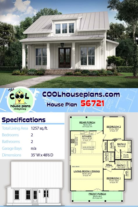 Two bedroom narrow farmhouse plan with great curb appeal. Featuring an open floor plan through kitchen, dining and great room. Decorative beams accent the ceiling through this open living space. An over-sized kitchen with pantry and island access the large rear porch for entertaining!  The end to end covered porch, contemporary dormer and metal roof are typical to the southern style home or farmhouse design. #farmhouse #countryhome #southernhouseplan #COOLhouseplans #houseplans Make A Room Look Bigger, Southern Style Home, Room Look Bigger, Southern House Plan, Country Farmhouse Style, Make A Room, Exterior Renovation, Farmhouse Style House Plans, Bedroom Farmhouse