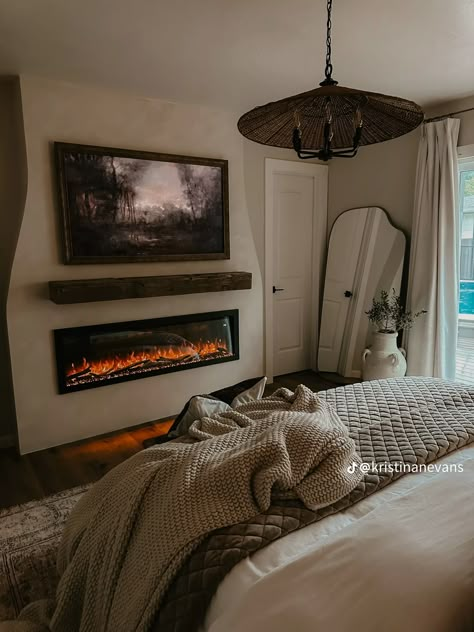 Bedroom Ideas Grey Bed, Fake Fireplace Ideas, Electric Fireplace Bedroom, Bedroom Ideas Grey, Dads Room, Fake Fireplace, Grey Bed, Bedroom Fireplace, Bedroom Decor Cozy