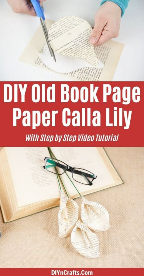 Turn an old book page into this stunning paper calla lily bouquet! These are so fast and easy to make and absolutely breathtaking displayed in a bouquet! Making paper flowers is easier than ever before when you follow a video tutorial for how to make crafts from old book pages. #PaperFlowers #CallaLily #PaperLilies #OldBookPageFlower #OldBookPageCraft Upcycled Books Crafts, Diy Old Books, Book Page Flowers, Page Crafts, Old Book Crafts, Book Craft, Book Crafts Diy, Easy Paper Flowers, Folding Origami