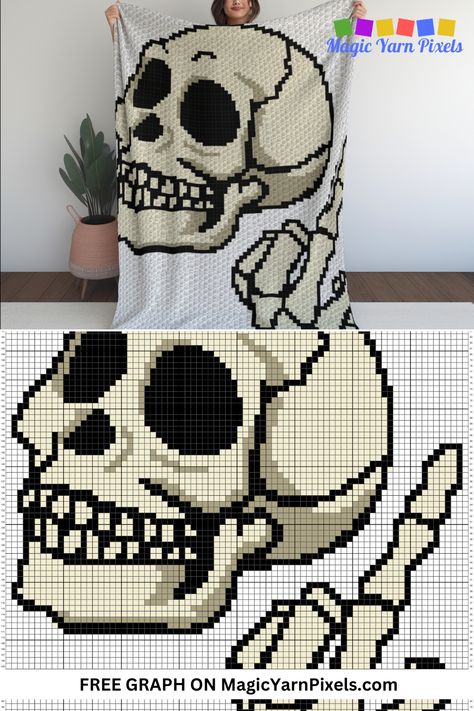 Check out my latest C2C crochet pattern for a Creepy Skull Middle Finger blanket. Great as a gift for teens and adults who like something different. Download the free crochet graph from Magic Yarn Pixels. Written C2C and row-by-row patterns with multi-page graphs also available. Free Crochet Graphgan Patterns, Tapestry Crochet Blanket Patterns, Crochet Skull Patterns Free, Finger Blanket, Crochet Graphgan Patterns Free, Skeleton Crochet Pattern, Skull Middle Finger, Crochet Skeleton, Graphgan Patterns