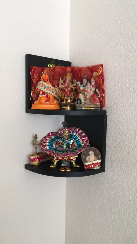 Indian mandir idea for small apartments.  Shelves: Floating shelves from Walmart/Ikea/Target Idols: Indian Store/Amazon Small Mandir For Office, Mandir Ideas For Small Space, Pooja Shelf, Small Mandir, Small Bedroom Sofa, Mandir Ideas, Mandir Decor, Mandir Designs, Maharaj Wallpapers