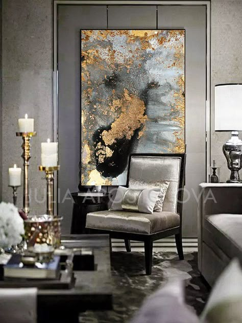 Gold Living Room, Gold Wall Art, Black Wall Art, Glam Decor, Design Del Prodotto, Cool Ideas, Gold Walls, Black Walls, Large Painting