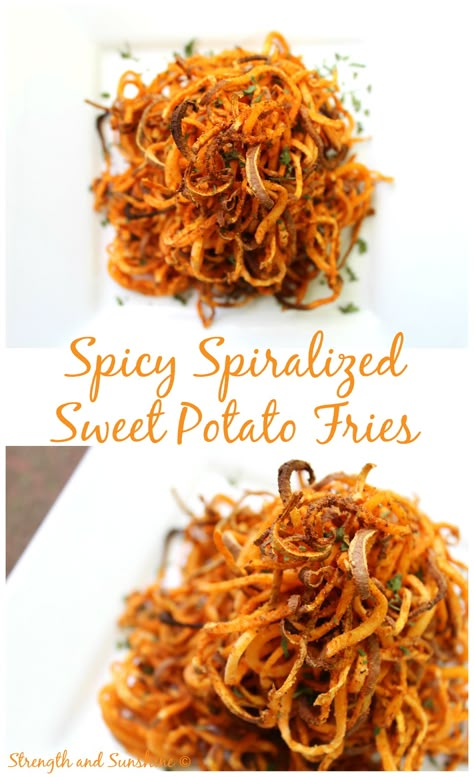 Spicy Spiralized Sweet Potato Fries | Strength and Sunshine @RebeccaGF666 #gluten-free #vegan #paleo #side #sweetpotato #fries Fries Alternative, Spiralized Sweet Potato Fries, Sweet Potato Spiralizer Recipes, Spicy Sweet Potato Fries, Spiralized Sweet Potato, Starch Solution, Spiralizer Recipes, Summer Cookouts, Potato Fries