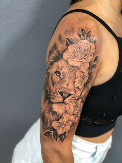 Lion Arm Tattoo Women, Shoulder Tattoos For Females, Female Lion Tattoo, Unique Half Sleeve Tattoos, Lower Arm Tattoos, Inner Arm Tattoos, Unique Tattoos For Women, Arm Sleeve Tattoos For Women, Lioness Tattoo