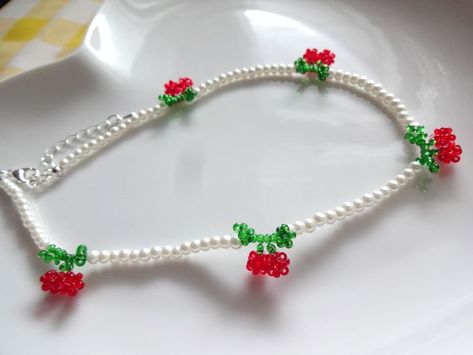 🍒Handmade Beaded Cherry Necklace/ Choker🍒 Swim Exercise, Beaded Cherry, Cherry Pearl, Cherry Necklace, Y2k Cute, Water Perfume, Ziplock Bag, Ziplock Bags, Pearl Choker Necklace