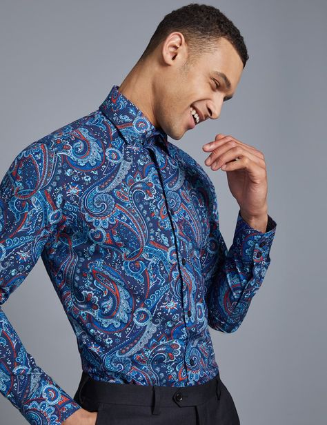 Men's Curtis Blue & Orange Paisley Slim Fit Shirt - Single Cuff Formal Smart Casual, Smart Casual Shirts, Paisley Print Shirt, Printed Shirts Men, Paisley Shirt, Shirt Dress Style, Paisley Design, Slim Fit Shirt, Mens Casual Outfits