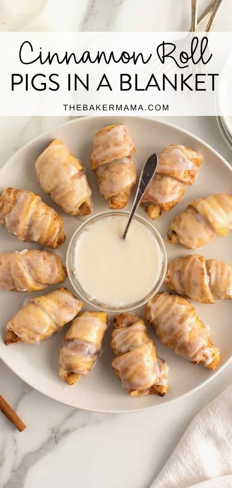 Savory pork sausage wrapped in cinnamon roll dough and covered in a simple, sweet glaze make Cinnamon Roll Pigs in a Blanket a special occasion breakfast they won’t forget! These sweet and savory cinnamon roll wrapped sausages have got to be my favorite breakfast pigs in a blanket recipe. I can’t wait to show you how to make them. Store bought cinnamon rolls come with their own icing. But just in case that’s not enough, I've included an easy recipe to make a simple icing. Breakfast Pigs In A Blanket Recipe, Breakfast Pigs In A Blanket, Store Bought Cinnamon Rolls, Pigs In A Blanket Recipe, Simple Icing, Sausage Wrap, Sweet Glaze, Cinnamon Roll Dough, Delicious Appetizer Recipes