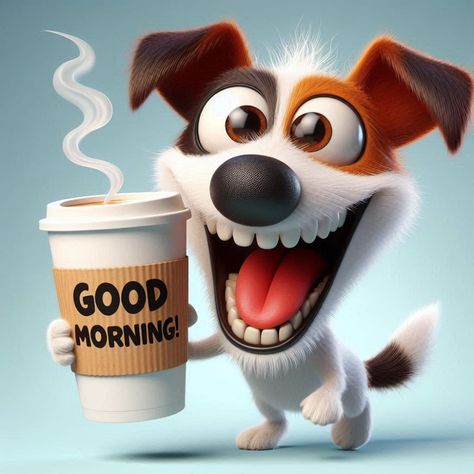 Fun Dog Art Good Morning Cartoon, Facebook Engagement Posts, Bday Wishes, Art Deco Artwork, Facebook Engagement, Daily Blessings, Drawing Animals, Morning Cartoon, Morning Funny