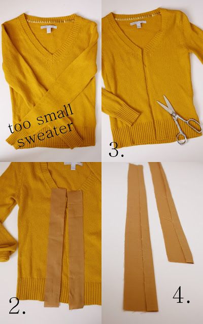 Turn a too-small sweater into a cardigan: | 20 Easy Tricks For Improving VintageClothes Mode Tips, Diy Vetement, Sew Ins, Tight Sweater, Old Sweater, Creation Couture, Small Sweater, Clothing Hacks, How To Sew