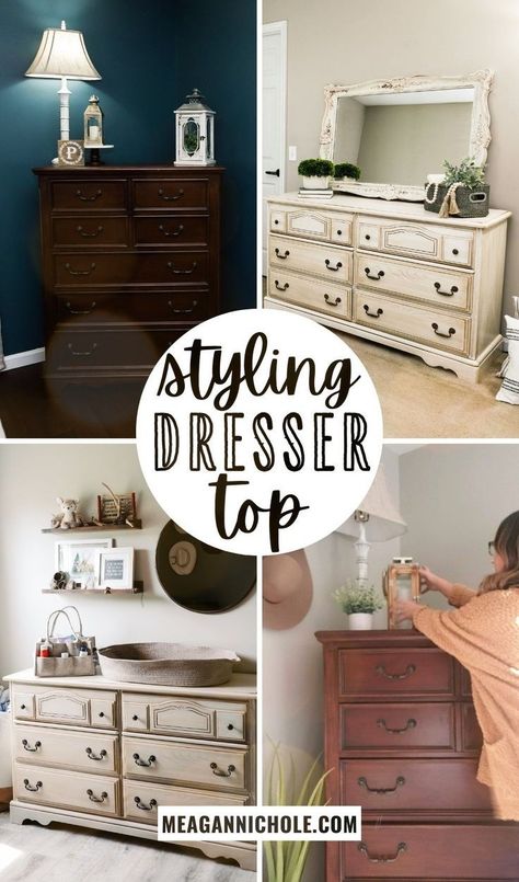 Needing to learn how to style a dresser? It is SO easy to style a dresser top you will be shocked! Dresser styling is a great way to brighten up a space! Learn what you should put on your dresser top today! Dresser decor is a great way to elevate a typically forgotten space! Pop by MeaganNichole.com to learn the right way to decorate a dresser top! Decorating Dresser Tops Bedroom, Decorate A Dresser Top, Decorating Dresser Tops, How To Decorate A Dresser Top, Above Dresser Decor, How To Style A Dresser Top, Decorating A Dresser Top, Style A Dresser Top, How To Decorate A Dresser