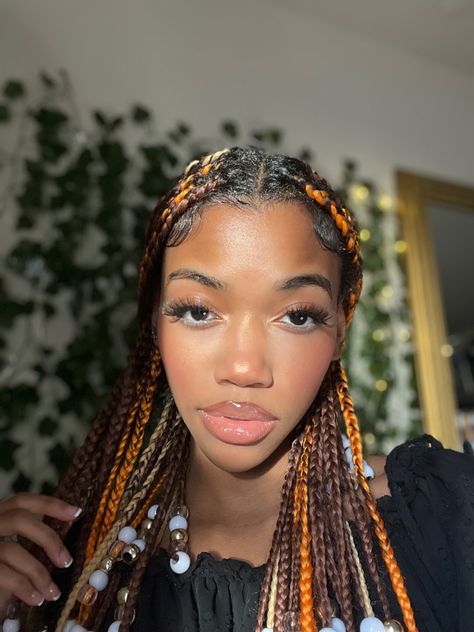 Orange And Brown Braids, Box Braids W Beads, Hairstyle Box Braids, Braids W Beads, Box Braids With Beads, Purple Box Braids, Calico Hair, Black Box Braids, Blonde Hairstyle