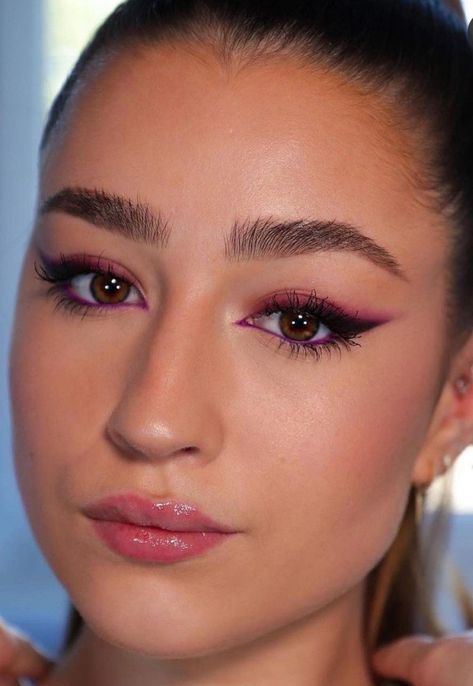 Pink Dress Makeup, Eyeliner Brown Eyes, Purple Liner, Purple Eyeshadow Looks, Liquid Illuminator, Matte Purple, Prom Eye Makeup, Brunette Makeup, Pink Eye Makeup