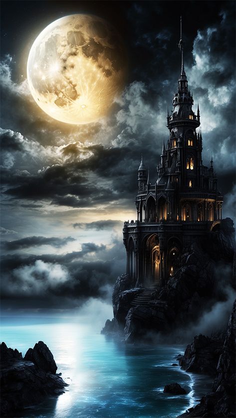 Castle on a cliff with a full moon in the background Castle On A Cliff, Castle Window, Whimsical Painted Furniture, Dnd Campaign, Scenery Painting, Black Castle, Halloween Graphics, Scenery Paintings, Moon Drawing