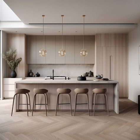 Kitchen Modern Scandinavian, Tone On Tone Kitchen, White Kitchen Japandi, Light Wood Modern Kitchen, Open Floor Plan Living Room And Kitchen And Dining Room, Japandi Kitchen Design White, Nude Kitchen, Japandi Dark Kitchen, Japandi Open Kitchen