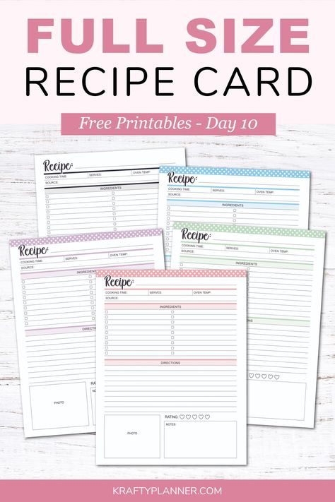 Full Size Recipe Card - Free Printable (Day 10) — Krafty Planner Recipes Printable Free Templates, Full Page Recipe Cards Free Printables, Recipe Book Free Printables, Recipe Card Printable Free, Recipe Book Pages Printable, Recipe Blank Printable, Cookbook Template Printables Free, Recipe Paper Printable, Happy Planner Recipe Printable