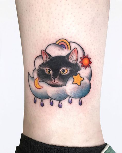 KIERA on Instagram: “Cat with cloud tattoo done for Tianna ⛅️⭐️💧🌙🌈#cattattoo” Colored Tattoos, Cloud Tattoo, Cat Tattoo, Color Tattoo, Paw Print Tattoo, I Tattoo, Instagram Profile, Tattoos, On Instagram