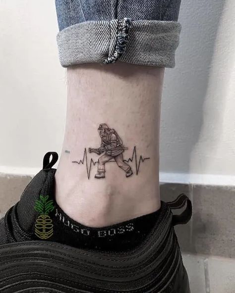 Small Firefighter Tattoo For Women, Fire Force Tattoo Ideas, Fire Force Tattoo, Firefighter Tattoo Ideas, Fire Department Tattoos, Female Firefighter Tattoo, Fireman Tattoo, Firefighter Tattoos, Tattoo Symbolism