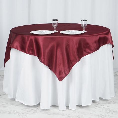 60"x 60" Burgundy Seamless Satin Square Tablecloth Overlay | eFavorMart Burgundy Tablecloth, Wedding Table Overlays, Burgundy Wedding Decorations, Winter Wedding Burgundy, Eggplant Wedding, Chic Wedding Table, Burgundy Wedding Theme, Flowers And Balloons, Place Settings Wedding