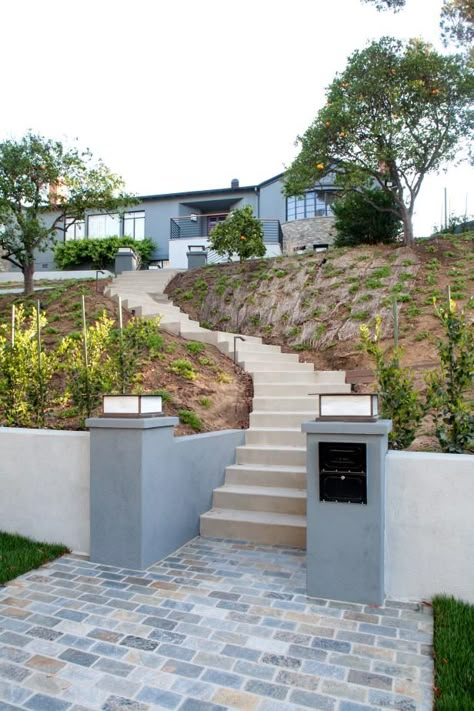 Brick Driveway, Front Lawn Landscaping, Landscape Stairs, Tire Garden, Front Stairs, Orange Trees, Contemporary House Exterior, Storage Inspiration, Exterior Stairs