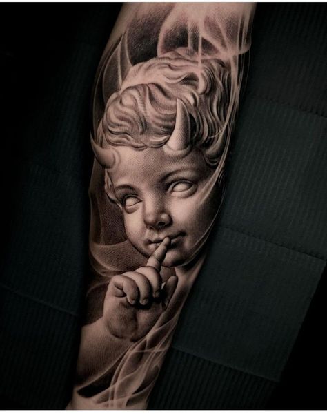 Evil Cherub Tattoo, Chicano Angel Tattoo, Evil Cherub, Bad Angel Tattoo, Cherub Tattoo Designs, Baby Angel Tattoo, Cherub Art, Baby Tattoo Designs, Chicano Tattoos Sleeve