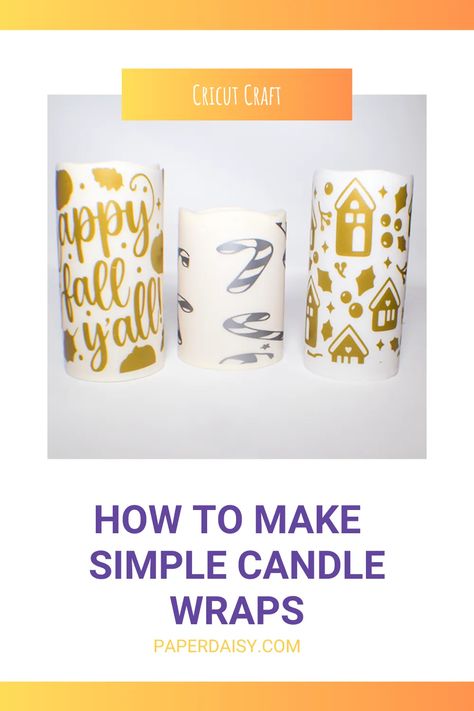 I just love these holiday candle wraps. They are so simple to make using Cricut Design Space and your Cricut of course. Make a few of them for different holidays and change them out as you need. With the images in Cricut Access you can create all kinds of fun holiday themed candle wraps. Head over to Dollar Tree for some LED pillar candles for a really inexpensive Cricut vinyl craft. Cricut Candles, Candle Wraps, Christmas Candles Diy, Cricut Access, Candle Projects, Origami And Quilling, Paper Daisy, Using Cricut, Holiday Candle