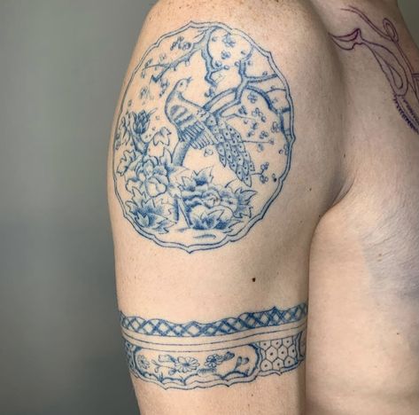 China Plate Tattoo, Symbolistic Tattoos, Fine China Tattoo, Mirror Tattoo Design, Plate Tattoo, Porcelain Tattoo, China Tattoo, Blue Ink Tattoos, Aesthetic Tattoo Ideas