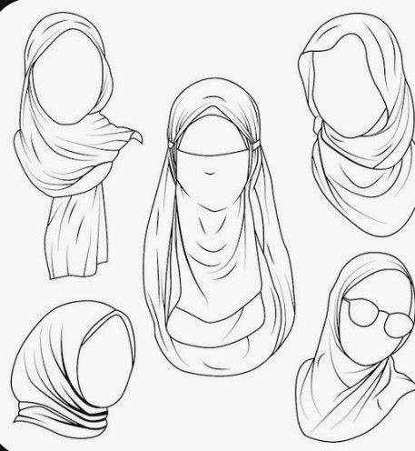 Scarf Covering Face Drawing, Headscarf Drawing, Hijab Art Drawing, Hijab Drawing Reference, Bonnet Drawing, Hijab Sketch, Her Tattoo, Hijab Drawing, Fashion Illustration Collage