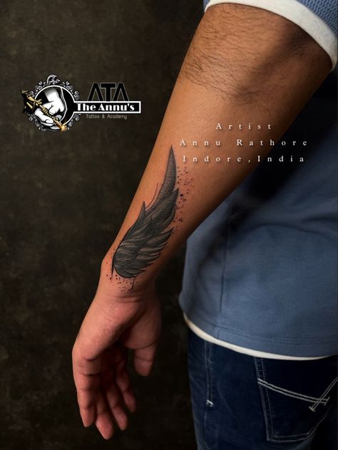 the annu’s tattoo & academy Wing Tattoo Men Wrist, Wings Hand Tattoo Men, Mens Wing Forearm Tattoo, Dark Wings Tattoo, Wings Of Desire Tattoo, Hand Tatto, Side Hand Tattoos, Wing Tattoo Designs, Anklet Tattoos