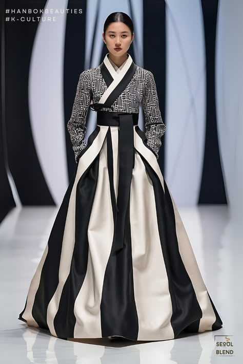 Hanbok Re-imagined:  Monochrome Chic Geometric Outfit, Stylish Business Outfits, Money Dress, Korean Traditional Clothing, Korean Traditional Dress, Modern Hanbok, Geometric Fashion, Tailored Clothes, Striped Skirt