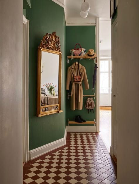 Deep Green Entryway, Light Green Hallway, Coloured Skirting Boards, Tiny Hallway Ideas, Georgian Decor, Green Stairs, Library Playroom, Entryway Color, Hallway Stairs And Landing