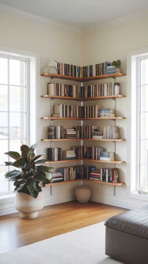 Want a cozy reading nook? These corner bookshelf ideas offer smart storage solutions while enhancing the aesthetic of your space. Corner Bookshelf Ideas, Bookcase Corner, Hallway Paint Colors, Hallway Colours, Corner Bookshelf, Floating Corner Shelves, Bookshelf Ideas, Corner Bookshelves, Bookshelf Design