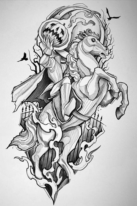 Horror Movie Tattoos, Tier Tattoo, Movie Tattoos, Gaming Anime, Theme Tattoo, Headless Horseman, Spooky Tattoos, Anime Tattoo, Sketch Tattoo Design